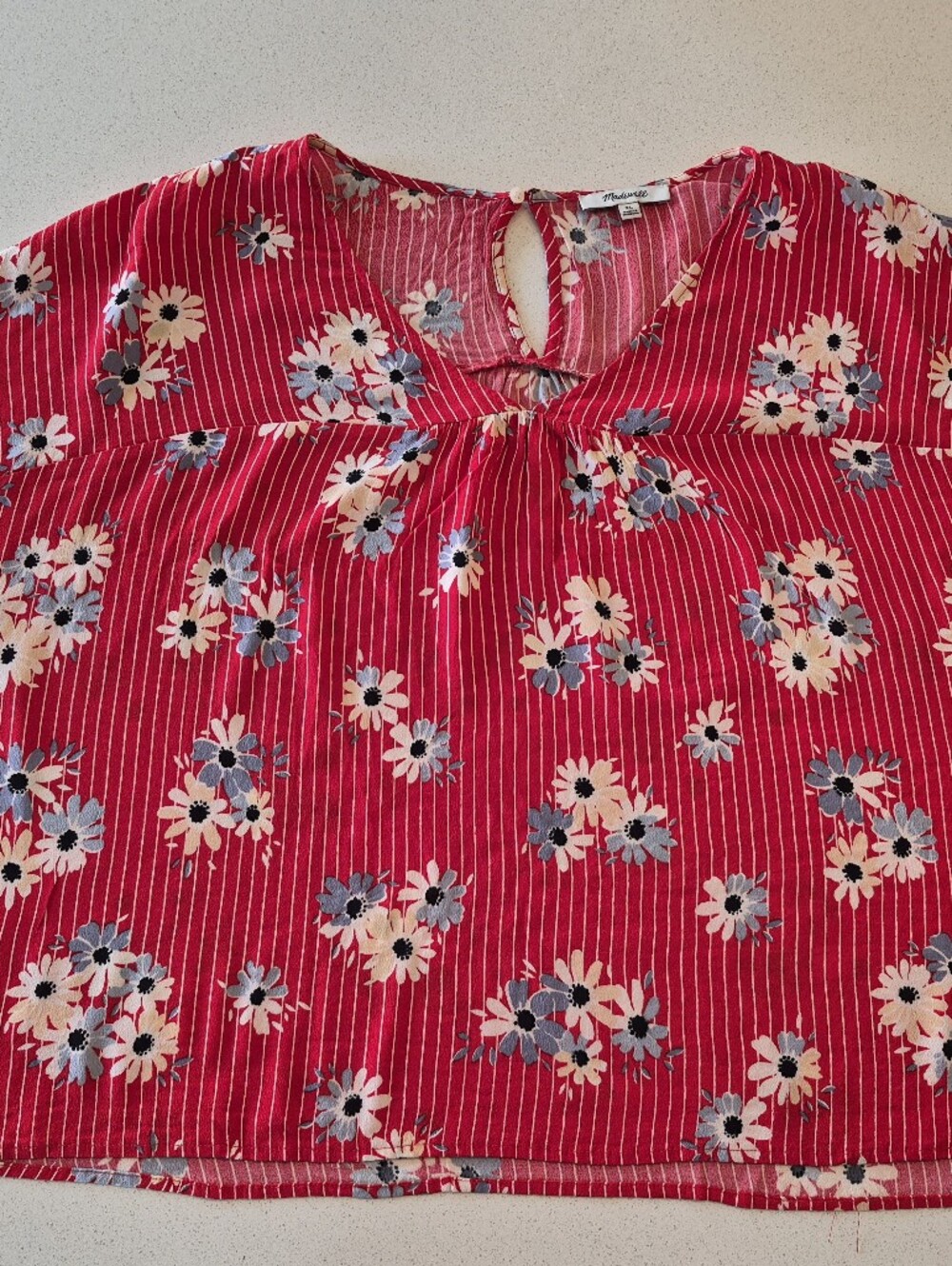 Madewell Red Floral Striped V-Neck Shirt
